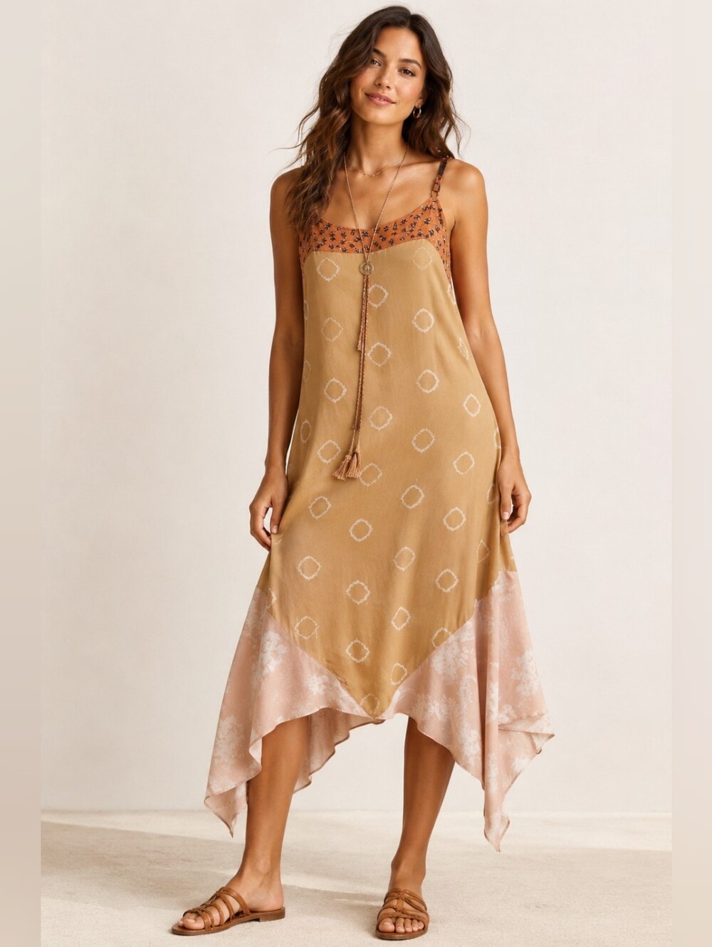 Anthropologie Boho Handkerchief Midi Dress Size L Adjustable Straps
